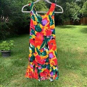 🌴 Vintage SA2 Bright Floral 🌺 Tropical Print Mini Dress w/ Ruffle Skirt Hem 🍍